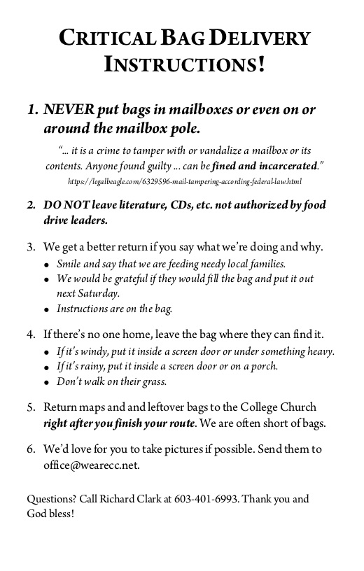 HFD Bag Delivery Instructions